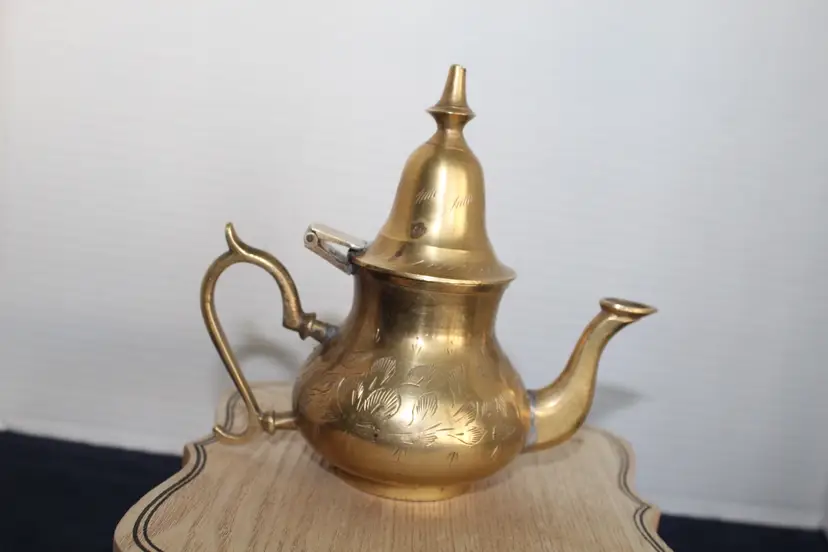 Vtg Floral Etched Moroccan Brass  Teapot 5.5” India Cottagecore MCM Decor Granny