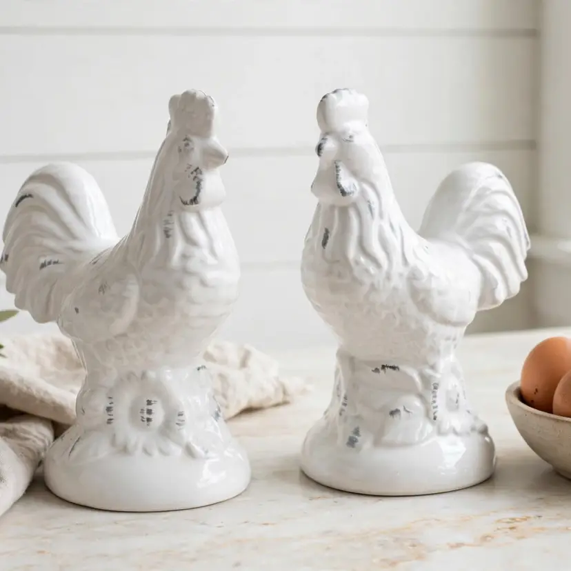 Farmhouse White Rooster Salt & Pepper Shakers - Distressed Ceramic Chicken