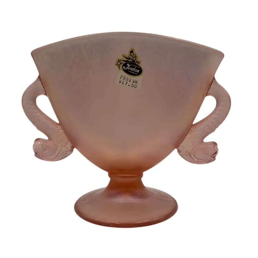 #02 Fenton Art Glass Vintage Pink Carnival Dolphin KOI Handles Fan Vase ORIGINAL Label