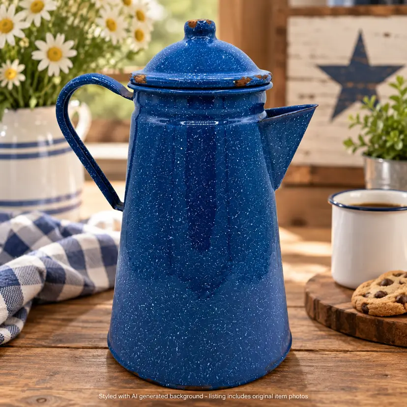 Vintage Blue Speckle Coffee Pot Tall Enamelware Cowboy Camp Kettle Detached Lid