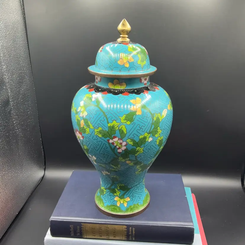 🐞Antique Chinese Cloisonné Lidded Ginger Jar 11.25" Turquoise Floral Urn Qing / Republic