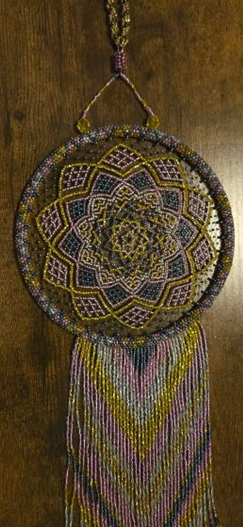 Beaded Dream Catcher Handmade Hematite Yellow Pink Beads 18' Long