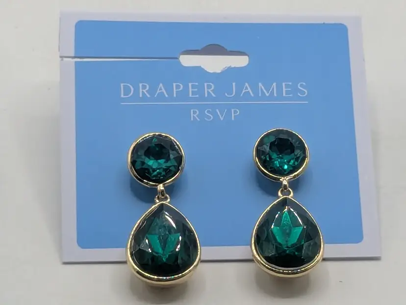 Draper James RSVP Gold Tone Faux Emerald Green Drop Earrings NWT