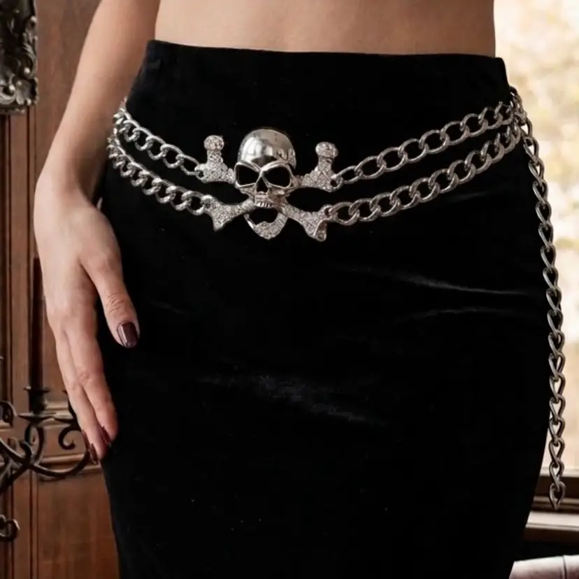 Double Stranded Skull And Crossbones Heavy Chain Link Belt