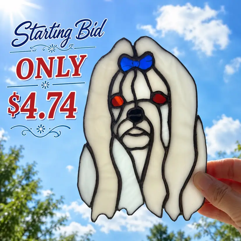 Vintage Stained Glass Shih Tzu Suncatcher White Dog Window Hanging Handmade 6.25”
