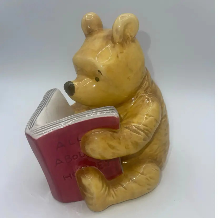 Disney Rare Winnie The Pooh Ceramic Piggy Bank with Reading Book 6”