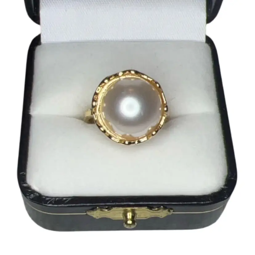 Goldtone Pave Pearl Ring Size 8