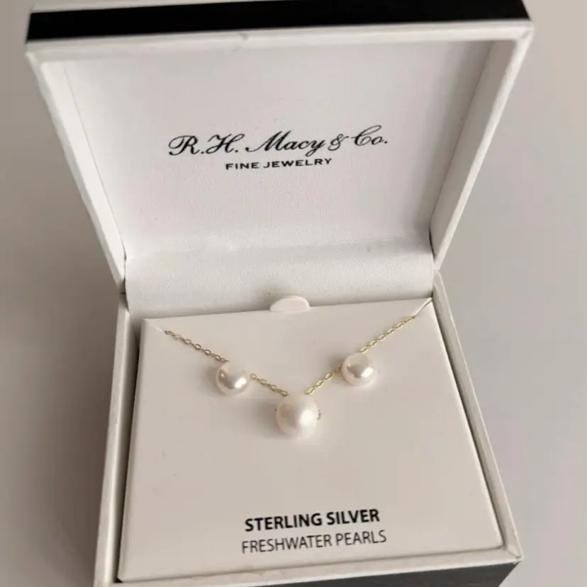 $100 Macys Sterling Silver Pearl Necklace Earring Set Classic Cute Gift