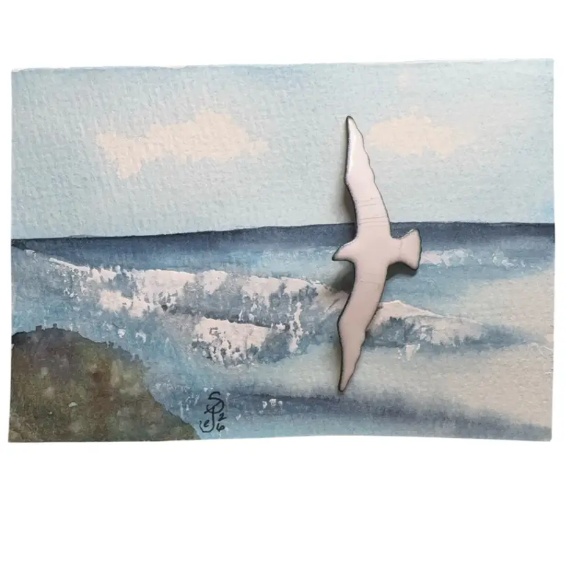 Original Watercolor Enamel Seagull Brooch Over Ocean 5 X 3.5”