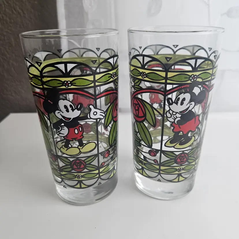 Vintage Mickey & Minnie Mouse Stained Glass Tumblers Disney Collectible