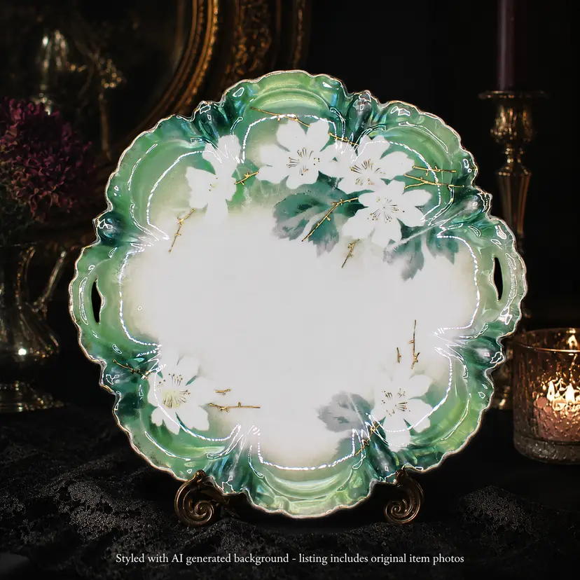 Antique RS Prussian Cake Plate Porcelain Iridescent Green Floral Open Handles