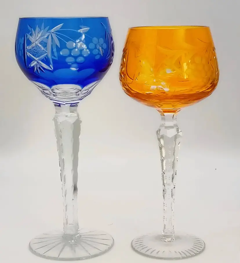 2 Bohemian Stem Wine Goblets ~ Cut to Clear Blue & Amber Crystal ~ Barware Glasses