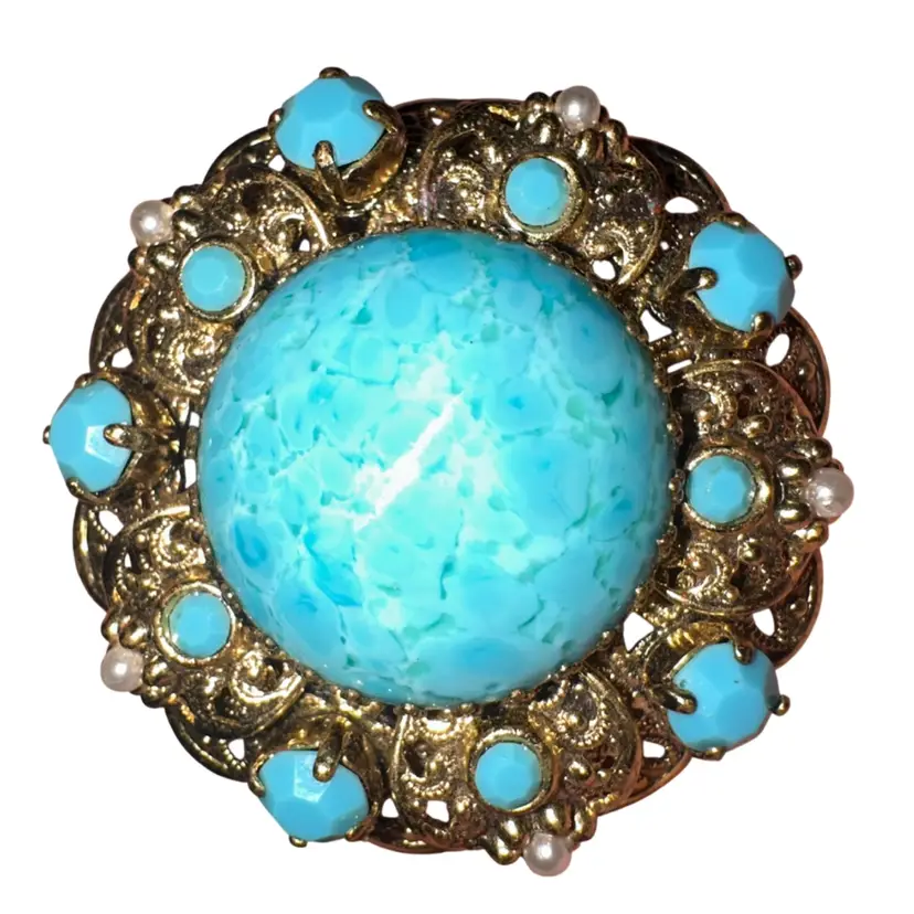 Vintage West Germany Gold Tone Faux Turquoise & Pearl Filigree Brooch Pin