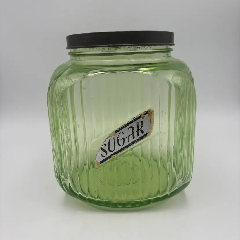 Vintage 1930s Green Uranium Depression Glass Hoosier Ribbed Cookie Jar