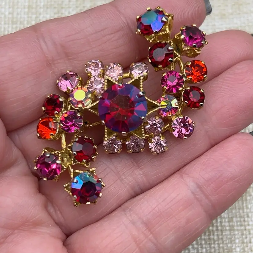 #01 Vintage 1960s Austria Red Pink AB Rhinestone Floral Spray Brooch Signed