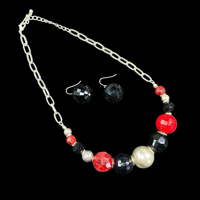 Chunky Beaded Red Black Silver Tone Beaded Necklace Earrings Oval Chain #08