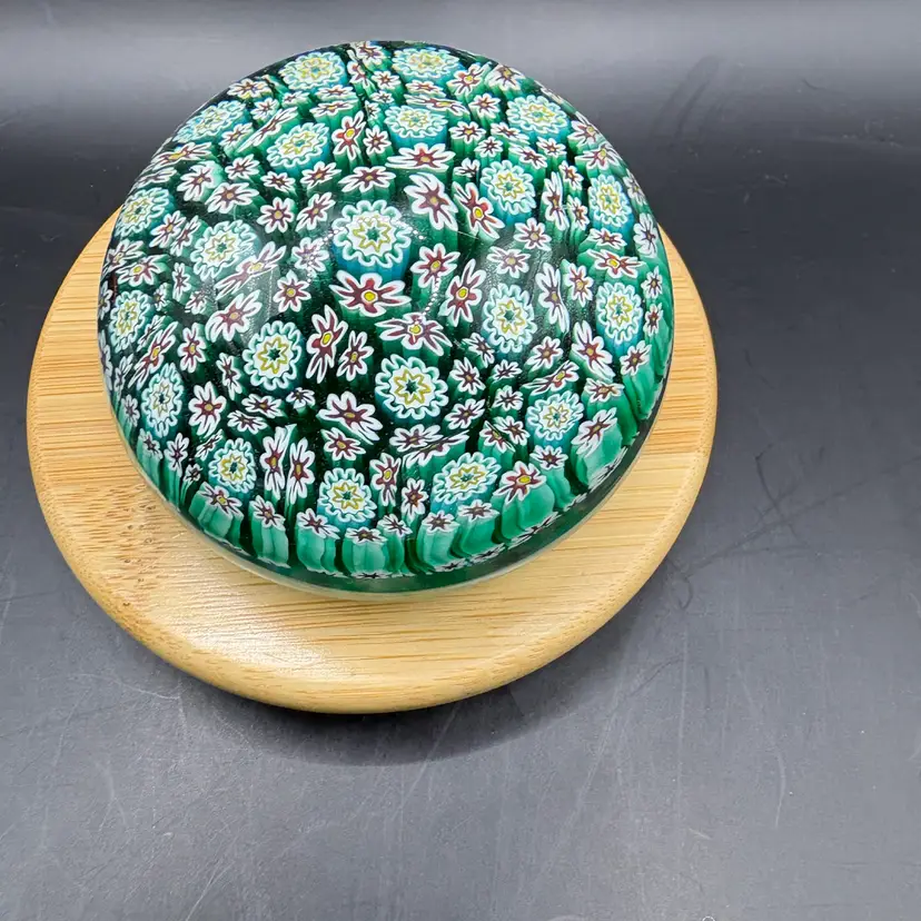 Millefiori Floral Paperweight Green Base