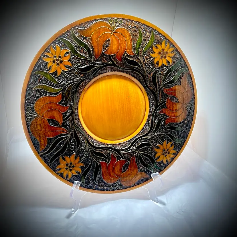 Polish Folk Art Hand-carved Wood Plate W. Brass Floral Inlay