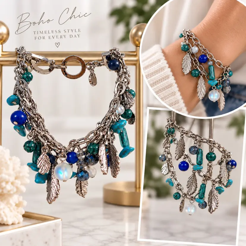 $44 Vera Bradley Boho Blue Silver Charm Bracelet 3 Layer New With Tags Gift
