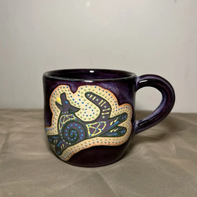 Handmade Pottery Mug Purple Hand Painted Dog