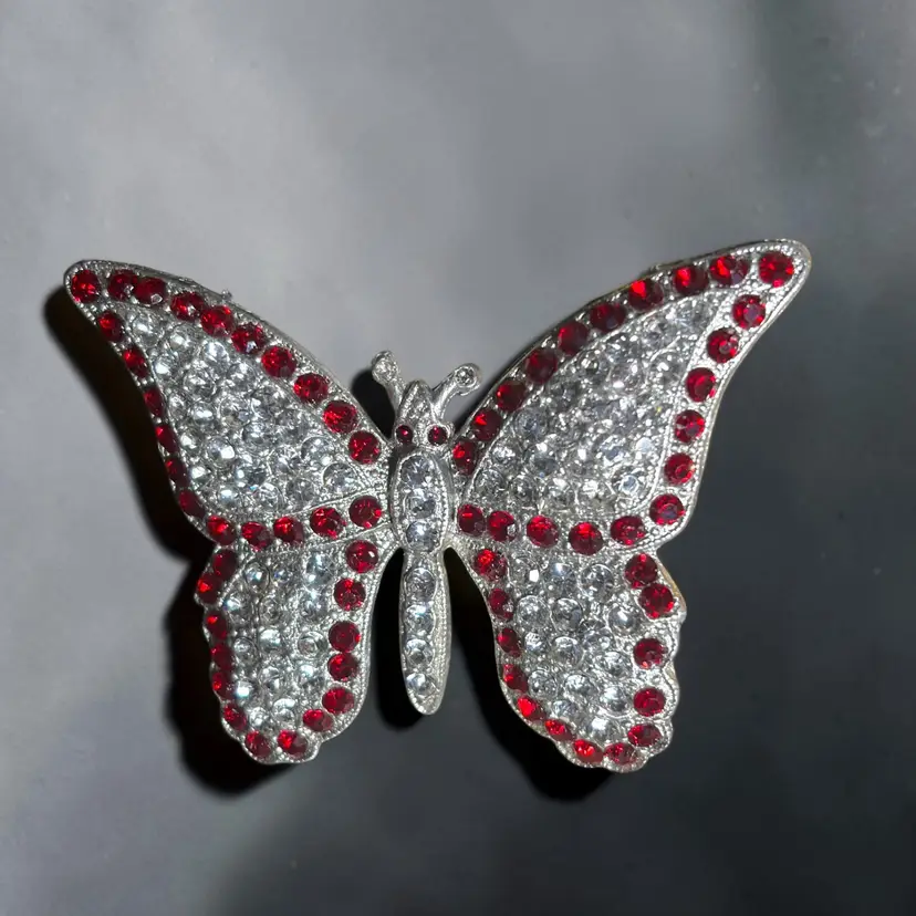 Art Deco Pot Metal Butterfly Red & Clear Rhinestone Book Piece Brooch - 2.5” x 2”