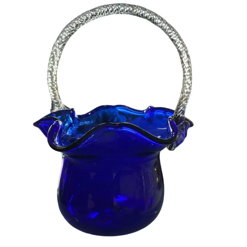 Vintage Cobalt Blue Glass Basket w/Clear Braided Glass Handle 8”x 6”