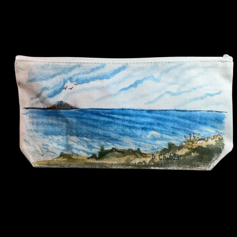 Double Sided Original Watercolor Art On Pouch 10 1/2”x 5”x 2” Coastal Waves With Sail Boat