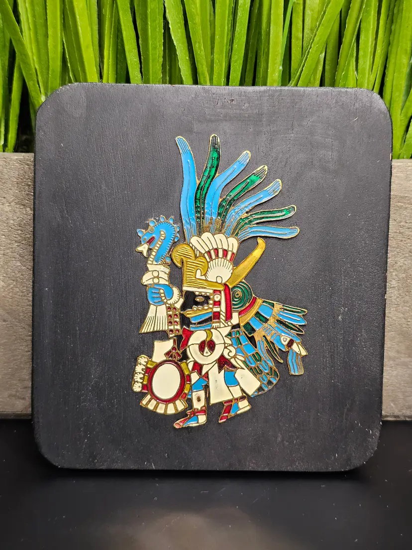 Vintage Mexican Folk Art Wood Enamel Aztec Wall Plaque SEPTEMBER Tlaxochimaco